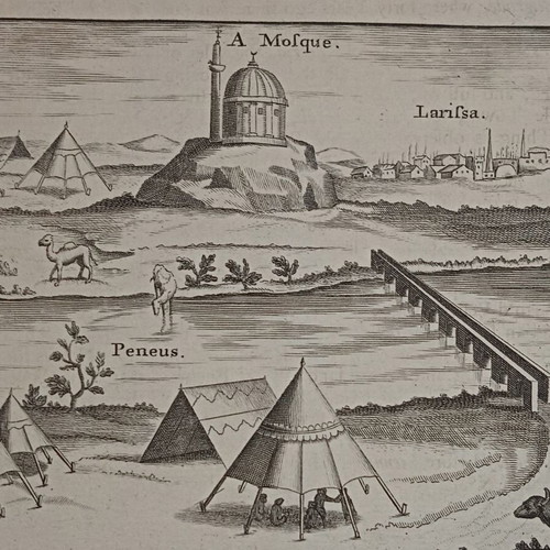 Larissa 1740 engraving used, panorama of Pineios river and mosque bridge
