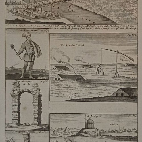 Larissa 1740 engraving used, panorama of Pineios river and mosque bridge