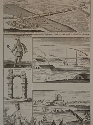 Гравюра Лариса употребявана, панорама 1740, река Пинеос, мост, джамия