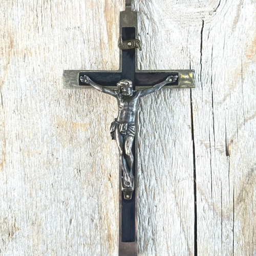 Antique Crucifix 13.2cm Used Habit Cross Solid Metal & Ebony