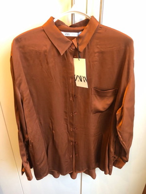 Loose tunic shirt brown chocolate satin Zara new, size L