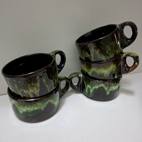 Vintage Vallauris ceramic tea set 1960s like new, brown-green lava glaze