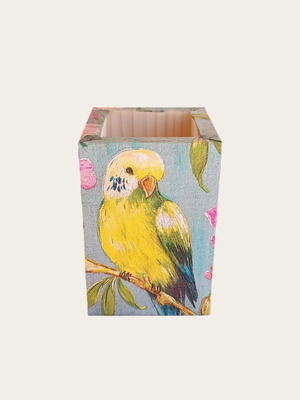 Wooden handmade pencil holder with green parakeets