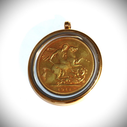 English Gold Pound Pendant 22K Gold Plated in Glass Case