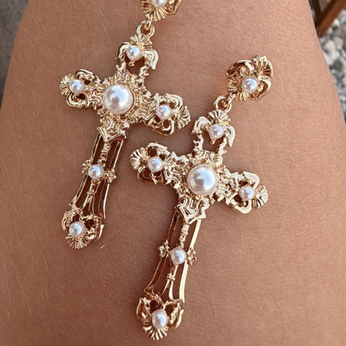 Cross Earrings with Pearls stainless steel, gold, new