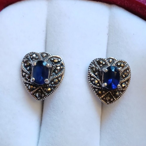 Silver 925 earrings with sapphire and marcasites, like new, vintage