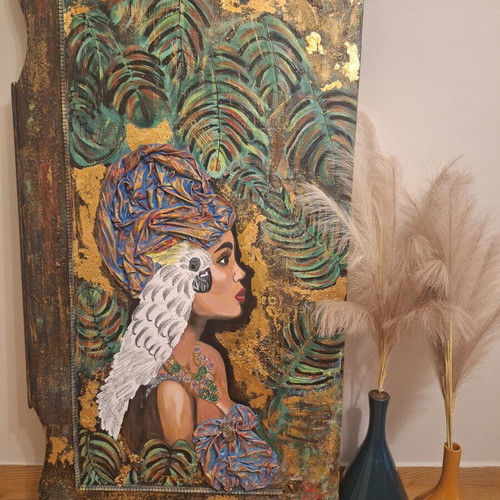 Ethnic mixed media painting on wood panel