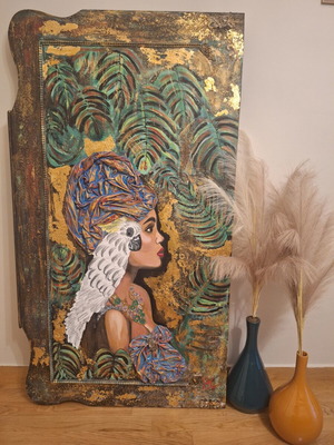 Ethnic mixed media painting on wood panel