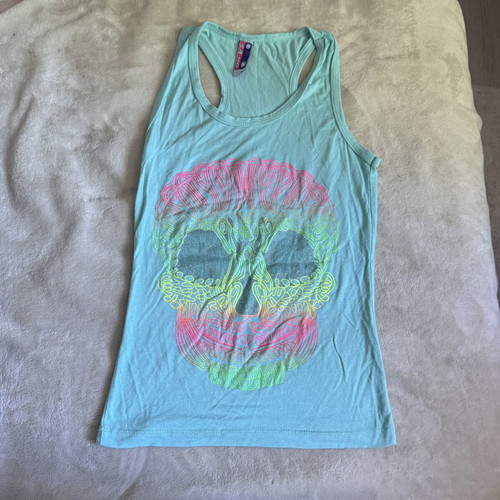 Womens teal tank top size S like new with colorful skull