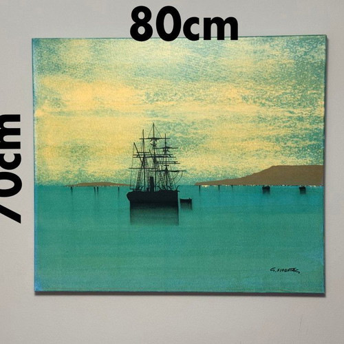 Original Painting by Giorgos Siountas Ship in Turquoise Sea like new