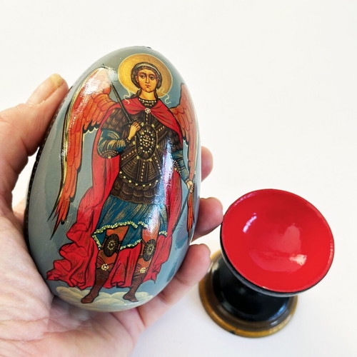 Wooden hand-painted egg with Archangel Michael used, Russia 1980s