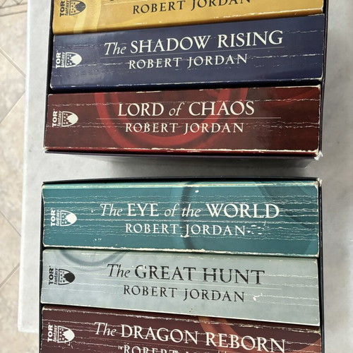 The Wheel of Time books used, first six by Robert Jordan, English
