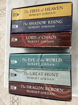 The Wheel of Time books used, first six by Robert Jordan, English
