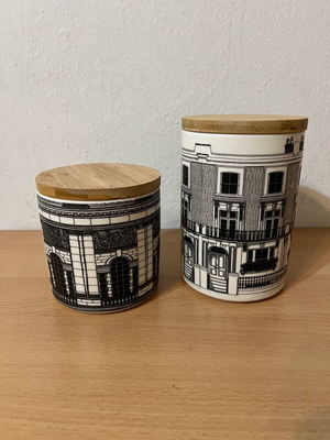 Urban Facade Ceramic Storage Containers with Wooden Lids like new