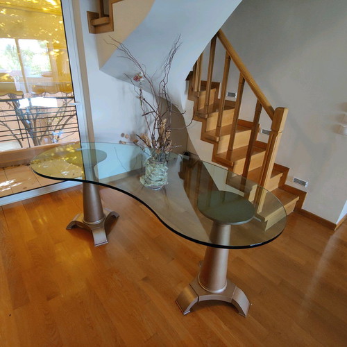 Oval table used, handmade construction, solid wood base