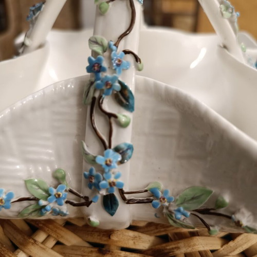 Vintage porcelain basket decorated with barbotine flowers like new