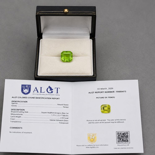Natural Peridot 2.93 ct ALGT Certified Intense Yellowish Green