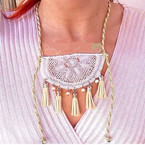 Handmade romantic necklace with lace in beige and gold tones