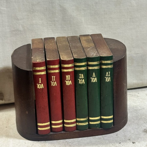 Vintage wooden set of 6 coasters shaped like books with bookshelf