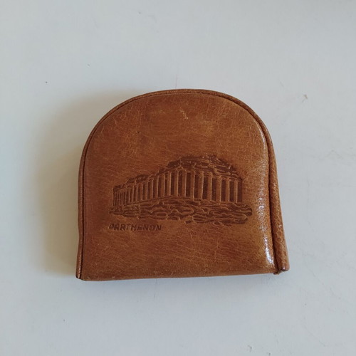 Vintage leather Greek coin purse with Parthenon pyrography, like new