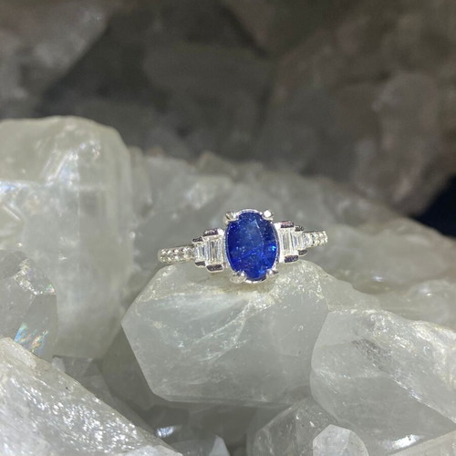 Handmade silver ring with natural blue sapphire and moissanites, size 17mm