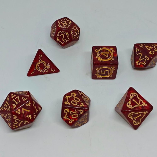 Dragon Scale Crimson & Gold RPG dice set like new
