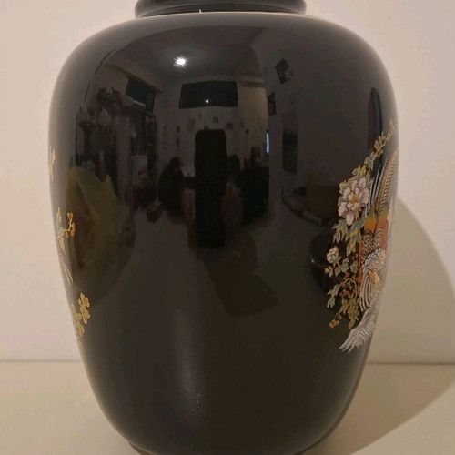 Corfu porcelain vase black with flowers and birds pattern like new