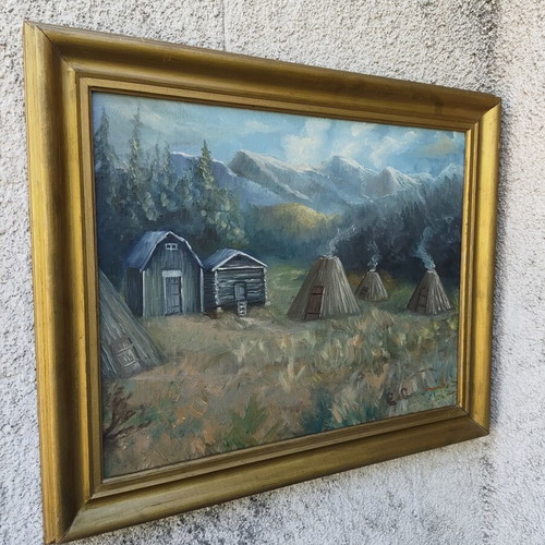 Vintage Scandinavian Art Large Signed Oil Painting on Fiberboard like new