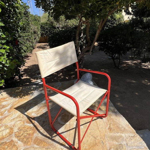 Set of 4 folding canvas chairs, metal frame, yellow and red