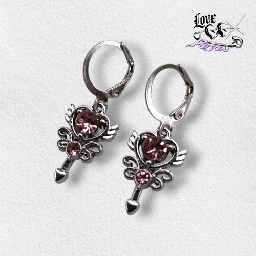 Love X Poison Handmade Stainless Steel Silver Hoop Earrings with Rhinestone Heart Charms new