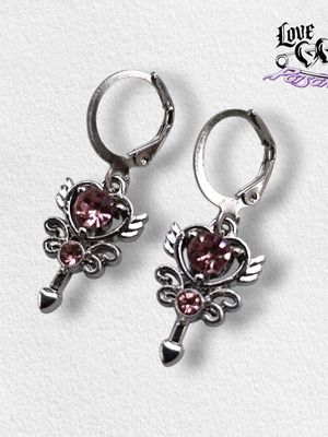 Love X Poison Handmade Stainless Steel Silver Hoop Earrings with Rhinestone Heart Charms new