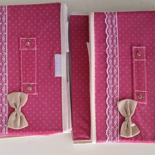 Set of 2 New Fabric Storage Boxes Fuchsia Polka Dot with Bow and Lace 25x15x19