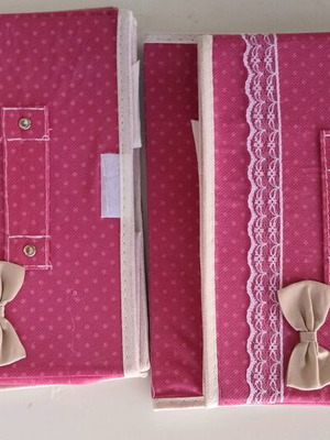 Set of 2 New Fabric Storage Boxes Fuchsia Polka Dot with Bow and Lace 25x15x19