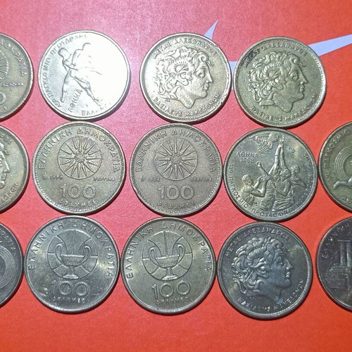 100 Drachma Coins used, collectible pack of 14, sports and thematic designs