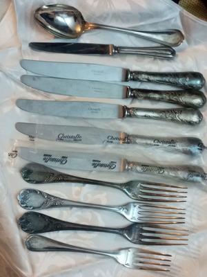 Christofle Marley silver plated forks set 44 pieces used, inox knives