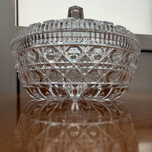 Vintage glass candy dish with lid and embossed design like new