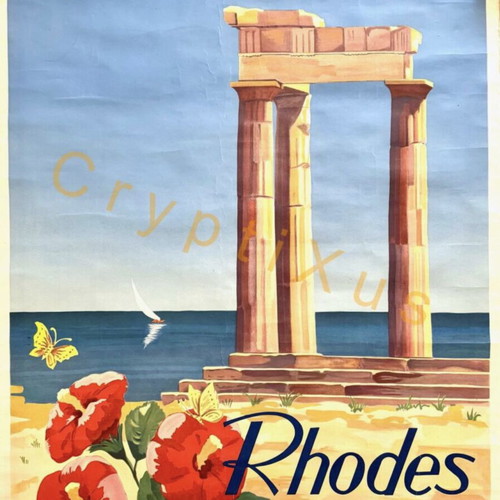 EOT Rhodes Acropolis of Lindos Vintage Poster used 1952
