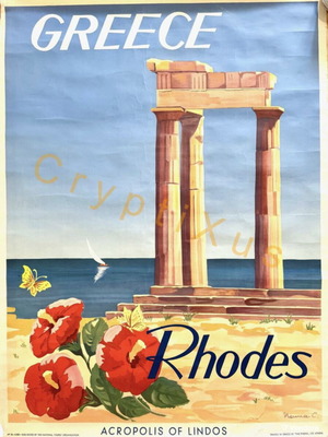 EOT Rhodes Acropolis of Lindos Vintage Poster used 1952