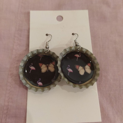 Earrings with butterfly and flamingo design, new, blue and pink
