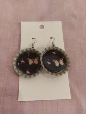 Earrings with butterfly and flamingo design, new, blue and pink