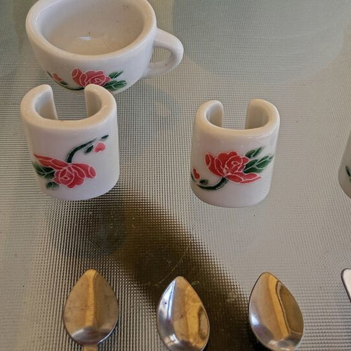 Vintage porcelain miniature tea set with roses and cutlery, like new