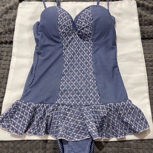 Erka Mare one-piece swimsuit like new, white and blue with ruffles