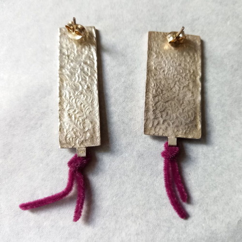 Asymmetric handmade earrings silver 925 with enameled pieces and burgundy cords new
