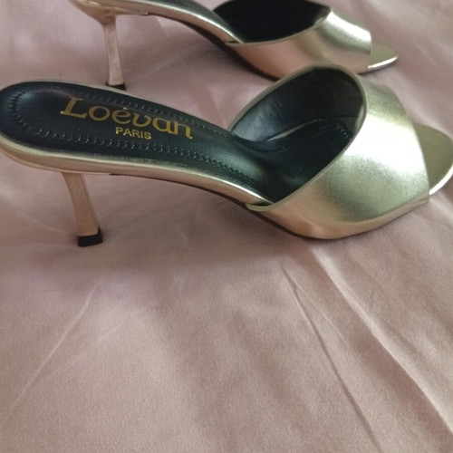 Mules gold color, new, size 38, 8cm heel