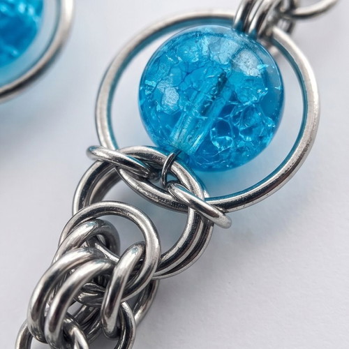 Steel chainmail earrings with blue stones new