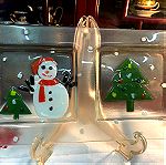  Χριστουγεννιάτικη χειροποίητη γυάλινη ανάγλυφη Φοντανιέρα 2 θέσεων …Vintage Αμεταχείριστη!