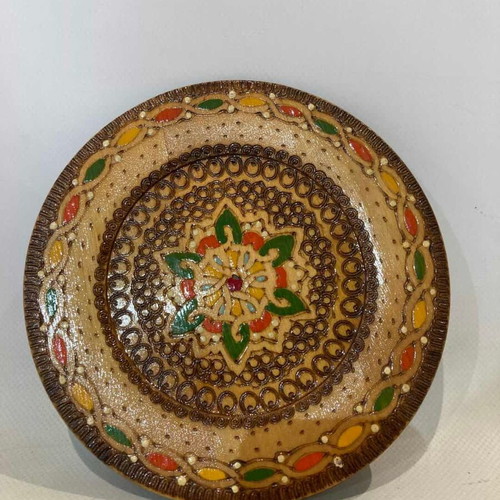 Set of 2 vintage Bulgarian carved wooden plates hand-painted used