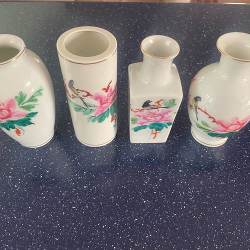 Set of 4 used Chinese Qianjiang Cai vases with birds and blossoms