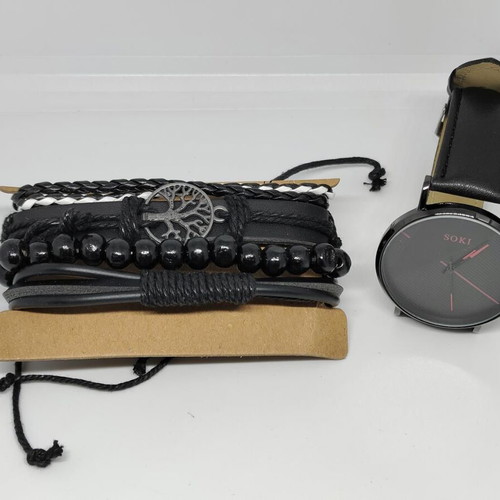 SOKI Men's Watch and 4 Handmade Leather Bracelets Set new