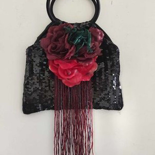 Skondras women's bag used, satin with sequins and flowers